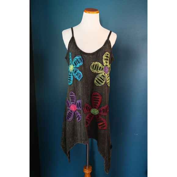 Women’s Asymmetrical Tank Top Embroidered Floral Patches Hippie Boho Beachy - Picture 1 of 12
